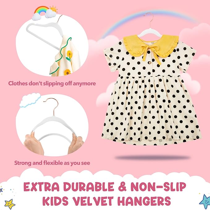 HOUSE DAY Velvet Kids Hangers 120 Pack, Premium Children Hangers for Closet, Ultra Thin Cute Kids Clothes Hanger, Small Non Slip Felt Hanger 14 Inch for Toddler Clothes, White