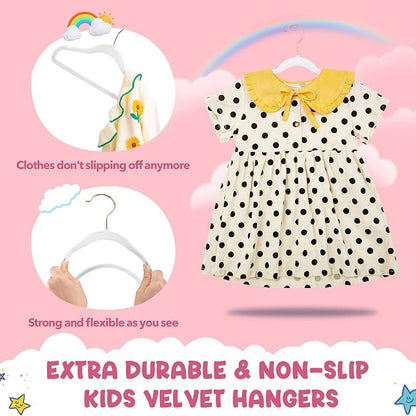 HOUSE DAY Velvet Kids Hangers 120 Pack, Premium Children Hangers for Closet, Ultra Thin Cute Kids Clothes Hanger, Small Non Slip Felt Hanger 14 Inch for Toddler Clothes, White