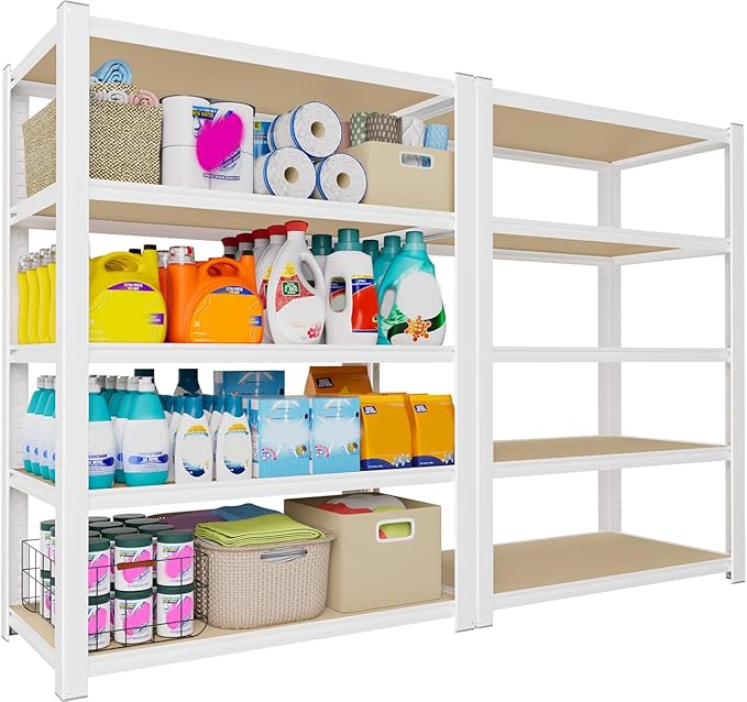 PrimeZone 24" W x 16" D x 59" H Closet Storage Shelves - 5 Tier White Metal Connector Shelving Unit, Adjustable Heavy Duty Garage Shelves, Utility Rack Organizer Shelf for Kitchen Pantry Closet, 2 PCS