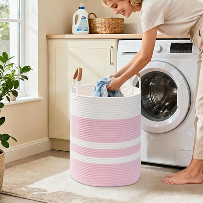 Degeyoyo 60L Striped Laundry Basket, Pink Laundry Hamper with Leather Handles, Woven Cotton Rope Storage Bin for Blankets, Nursery Hamper for Clothes, Toys In Bathroom, Livingroom, Bedroom