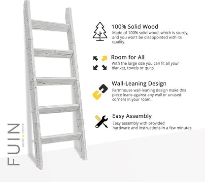 FUIN 5ft Wood Blanket Ladder Living Room Decorative Wall Leaning Farmhouse Quilt Display Holder Storage Wooden Towel Rack for Bathroom, Rustic White