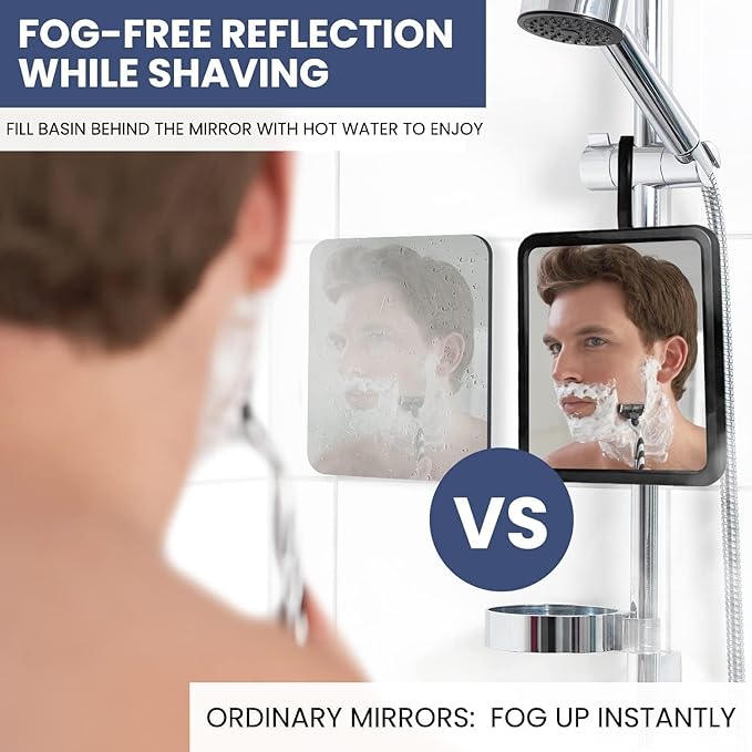 Real Glass Hanging Shower Mirror for Distortion-Free Shaving - Fogless Mirror with Razor Holder, 360° Adjustable Hook - Fill Back Reservoir with Hot Water for Anti-Fog Shave (8" x 7", White)