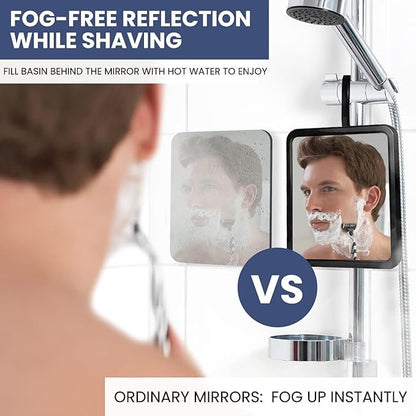 Real Glass Hanging Shower Mirror for Distortion-Free Shaving - Fogless Mirror with Razor Holder, 360° Adjustable Hook - Fill Back Reservoir with Hot Water for Anti-Fog Shave (8" x 7", White)