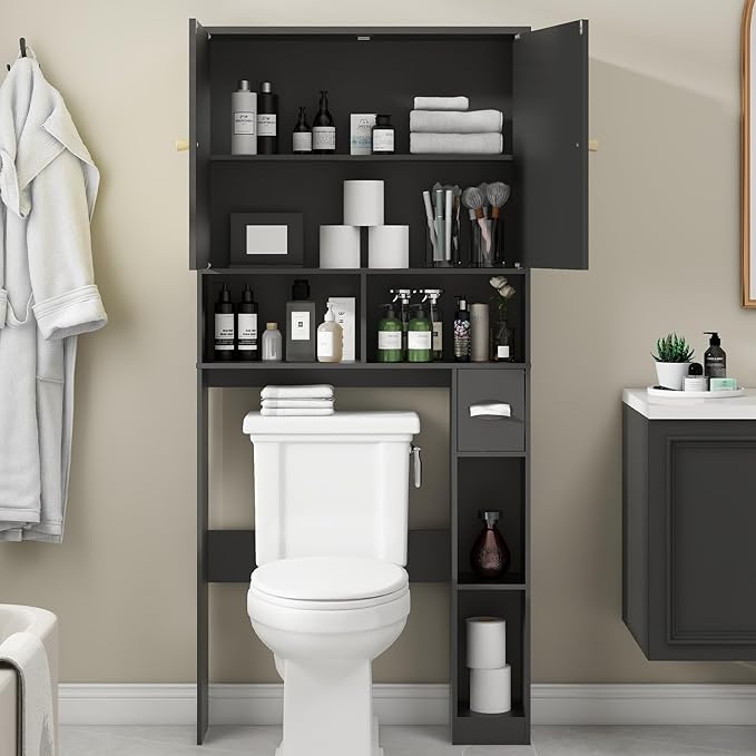 Over The Toilet Storage Cabinet, Wood Over Toilet Bathroom Organizer Cabinet with 2 Doors, Freestanding Home Space Save Toilet Rack for Restroom, Bathroom, Laundry, Black