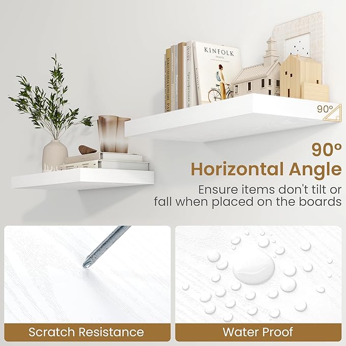 Fun Memories 40" W x 9.3" D White Floating Shelves for Wall, Deep Long Floating Shelf for Home Bathroom, Bedroom, Living Room, Rustic Wood Wall Mounted Shelves for Books Decor