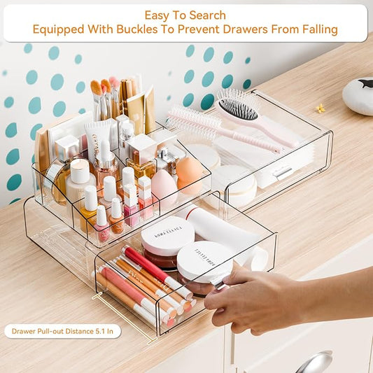 Yieach 3 Tier Clear Acrylic Makeup Organizers with Drawers,Tiered Countertop Make up Storage Organizer for Dresser Top and Bathroom Vanity,Plastic Makeup Stand for Brush,Skincare,Beauty Organizers