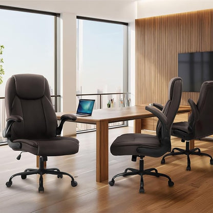 NEO CHAIR Ergonomic Office Desk Gaming Computer Chair Executive High Back Support Flip-up Arms Adjustable Height Swivel Rolling Wheels Comfy PU Leather for Home (Brown)