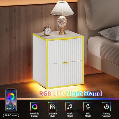 4ever2buy White and Gold Nightstand Set of 2, Modern Bedside Table with LED Lights, End Table for Bedroom Living Room