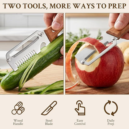 2026 Upgrade Vegetable Peeler and Julienne Peeler Set, Stainless Steel Vegetable Peelers for Kitchen with Wood Handles and Bottle Opener, 2-Pcs Multifunctional Vegetable Peeler Set
