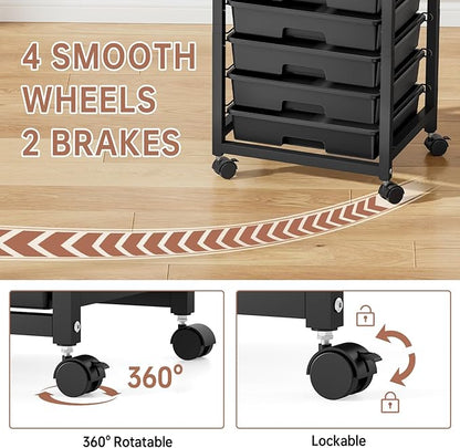 Rolling Storage Cart with Drawers,Utility Cart With 8 Drawers and Wooden Tabletop,Rolling Drawer Cart,Storage Drawer Cart for Living Room,Classroom,Bedroom,Bathroom,Dorm,Office, Black