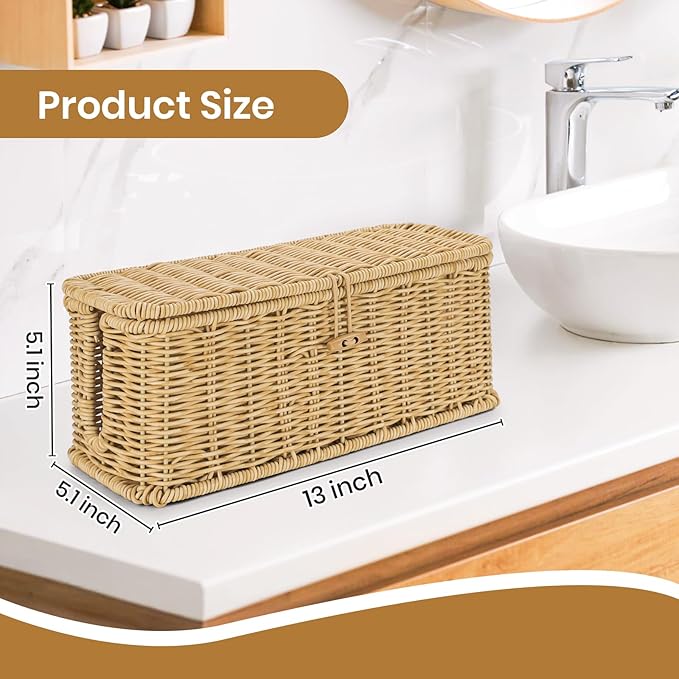 Wicker Storage Basket With Lid, Toilet Paper Basket For Toilet Tank, Pads And Tampon Holder For Bathroom, Rectangular Woven Kitchen Organizer, Home Decorative Storage Box