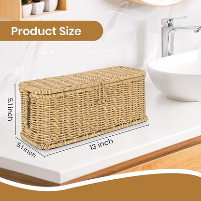 Wicker Storage Basket With Lid, Toilet Paper Basket For Toilet Tank, Pads And Tampon Holder For Bathroom, Rectangular Woven Kitchen Organizer, Home Decorative Storage Box
