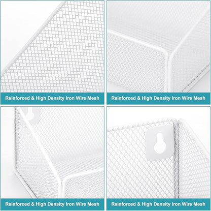 Rtteri 2 Sets Bedside Shelf Caddy Metal Hanging Storage Basket Organizer with 10 Pair 5 Different Size Hooks for Dorm Bunk Bed Bedroom for Magazine Phone Drinks(White)
