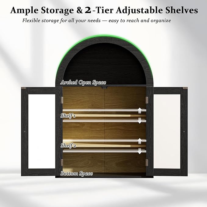 BREEZEHEAT Bathroom Medicine Cabinet Wall Mount-Over The Toilet Storage Cabinet-Arched Wall Cabinet with Glass Doors & Adjustable Shelves, Wood Cabinet for Laundry Room, Kitchen, Living Room, Black