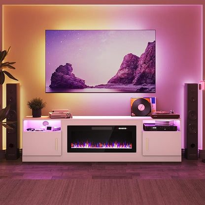 PRETZI Fireplace TV Stand with 36" Fireplace Up to 90" TVs, 80" Entertainment Center with LED Lights, Remote Control, TV Media Console with Storage Cabinets for Living Room, White