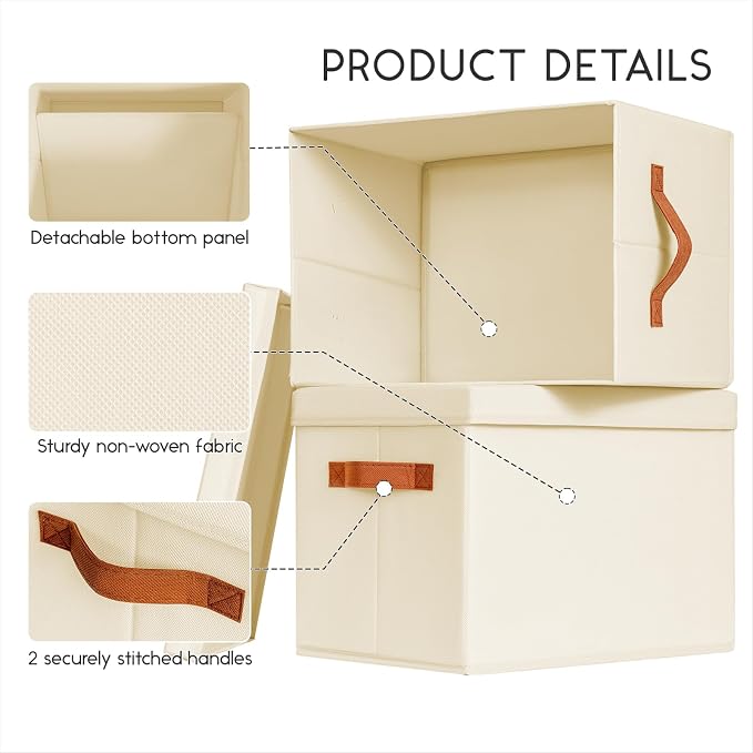 Homsorout Storage Bins with Lids - Large Fabric Closet Bins with Lid, 8 Pack Clothes Organizers and Storage, Collapsible Stackable Cube Basket for Home, Office, Dorm, Beige