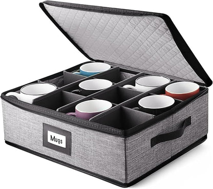 Hearth & Harbor Coffee Mug Storage, Quilted and Stackable Coffee Cup Storage Organizer for Service of 12, Mug Storage Box with Dividers, China Containers Hard Shell for Moving and Organization, Grey