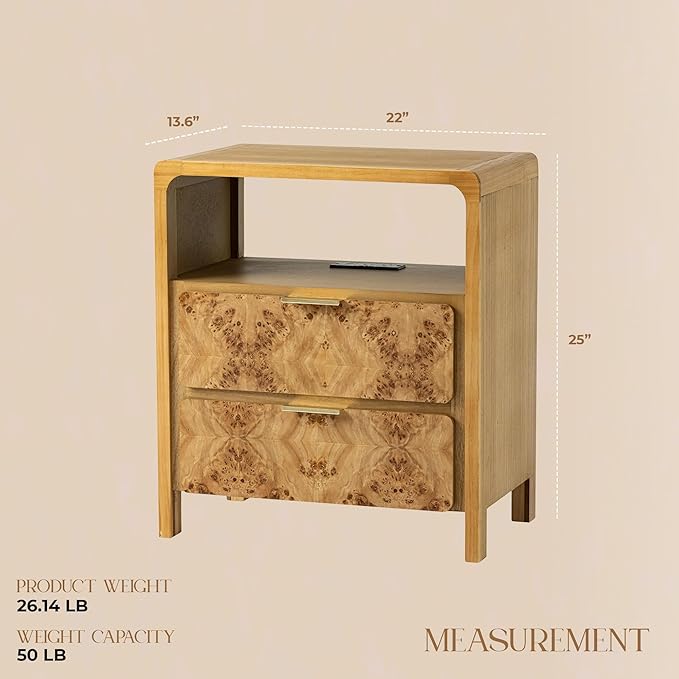 COZAYH Farmhouse Nightstand with Charging Station, Side Table with Power Outlet and USB & Type C Ports, Wood Bedside Table for Bedroom, Fully Assembled, Rustic, Natural, Burl