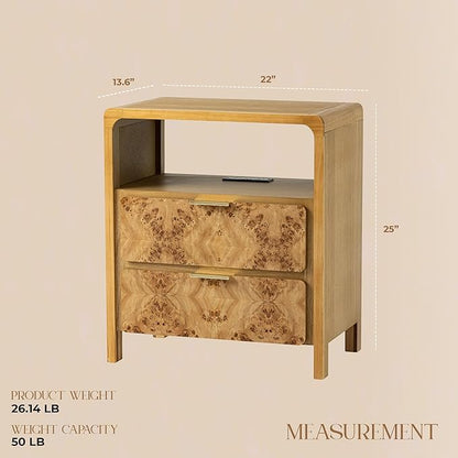 COZAYH Farmhouse Nightstand with Charging Station, Side Table with Power Outlet and USB & Type C Ports, Wood Bedside Table for Bedroom, Fully Assembled, Rustic, Natural, Burl