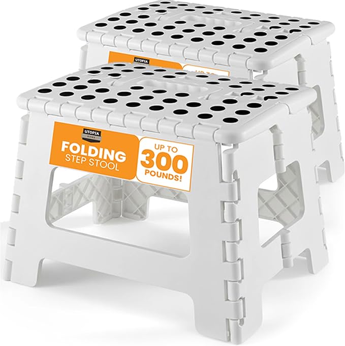 Utopia Home Folding Step Stool with Handle – 9 Inch Anti Slip Collapsible Stool – Holds Up to 300 lbs – Sturdy Plastic Step Stool Foldable for Kitchen, Bathroom and Home Use (2-Pack, White)