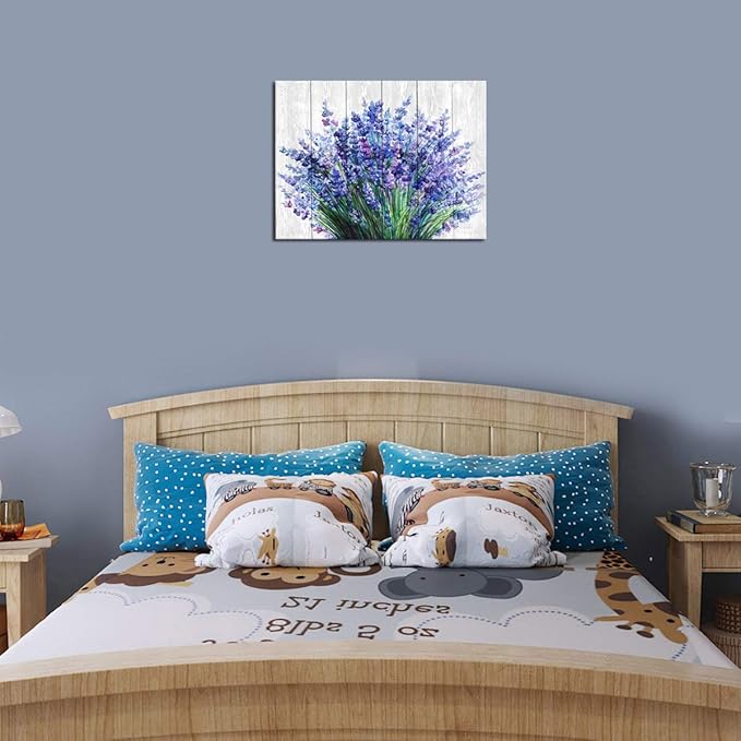 Lavender Wall Art Bathroom Decor Blue Flowers Canvas Picture Watercolor Painting Canvas Prints Bedroom Wall Decor Modern Blossom Canvas Art for Office Kitchen Home Decoration 12" x 16"