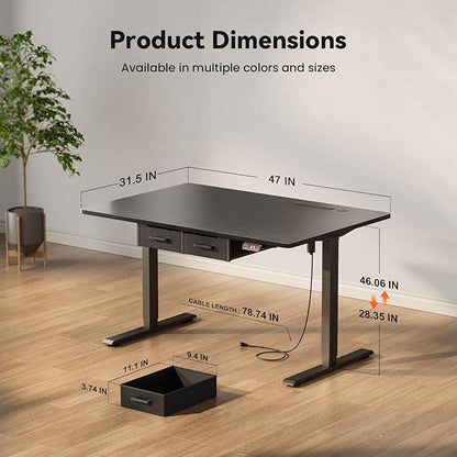 HLDIRECT Electric Standing Desk, 47 x 31.5 Inches Height Adjustable Table with Outlets, Sit Stand Computer Desk with Drawers for Home Office, Ergonomic Rising Workstation, Black