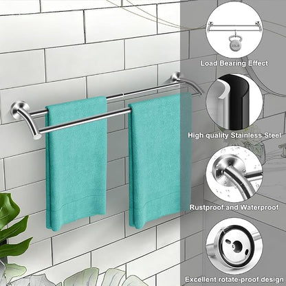 MGahyi Adjustable Double Towel Bar 14.5-24.8Inch, Matte Telescopic Stainless Steel Wall Mount Towel Holder, Rustproof Towel Rack for Bathroom Kitchen RV Laundry Hotel (Silver, Double-Bar)