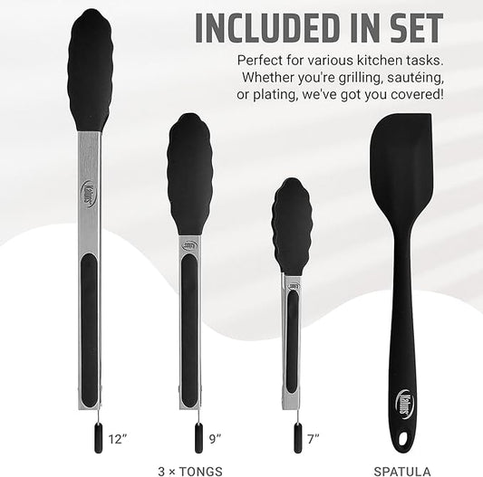 Kaluns Kitchen Tongs for Cooking Grilling Set of 4, BBQ Grill Tongs With Silicone Tip Stainless Steel Heat Resistant, Non-stick Pull Lock, Incl 7, 9, 12 Inch Tong Plus a Silicone Spatula