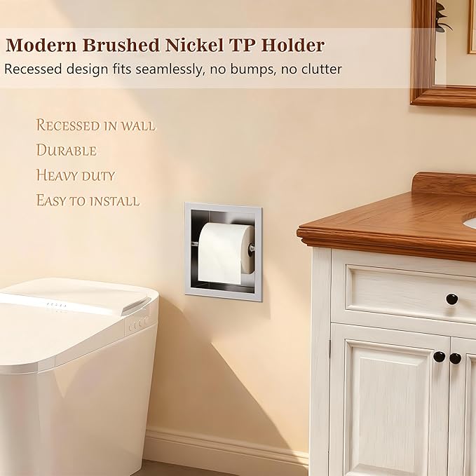 Neodrain Brushed Nickel Recessed Toilet Paper Holder - 304 Stainless Steel Built-in Wall Mount Bathroom Toilet roll Holder Tissue Dispenser for Mega Rolls (Brushed)