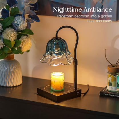 Candeldo Candle Warmer Lamp with Timer: Navy Blue Flower Candle Warming Lamp with 2 Bulbs Height Adjustable Wax Warmer Dimmable Bedroom Decor Mothers Day Birthday Gift for Women