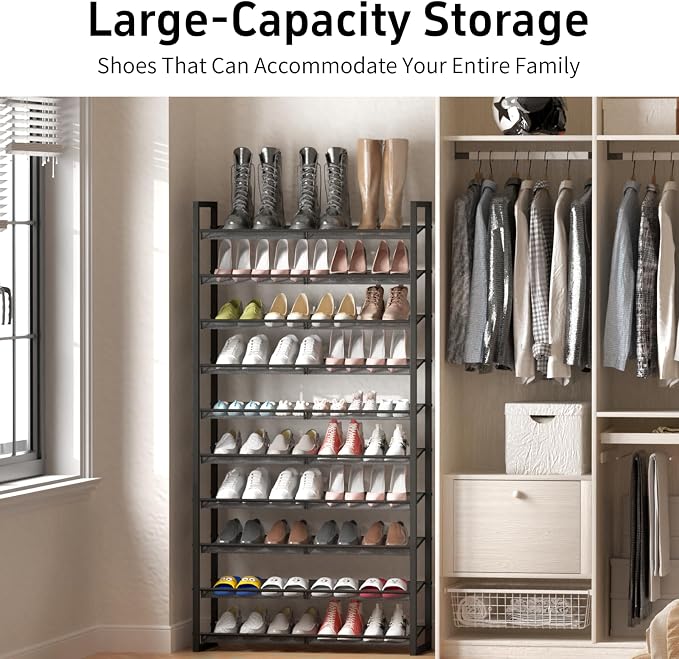Shoe Rack, 10-Tier Metal Shoe Organizer, Tall Shoe Rack for Closet,entryway,Garage, with Adjustable Flat or Angled Shelves, 42-50 Pairs,Shoes that can accommodate The Whole Family.