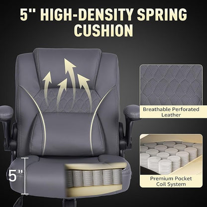 Home Leather Office Chair with Lumbar Support, 5" Padded Seat, Small Rocking Desk Chair, Comfy Computer Chairs with Rolling Wheels & Adjustable Arms for Adults, Grey