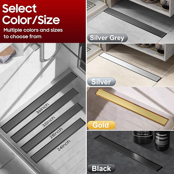 DLONE Linear Shower Drain | 32" AISI 304 Stainless Steel Linear Drain, Gun Gray Shower Drain with Tile Insert Panel & Adjustable Feet, Long Rectangle Shower Floor Drain in Bathroom, Balcony, etc