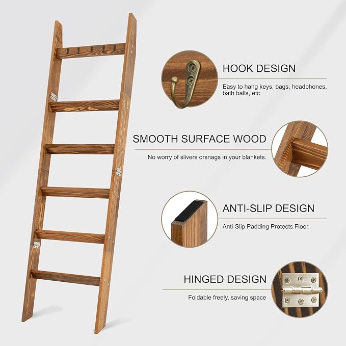TEAKMAMA 6-Tier Blanket Ladder for Living Room and Bedroom,5.4 Ft Wall Leaning Quilt Rack with Hooks,Rustic Decorative Farmhouse Blanket Storage,Stylish Ladder Holder,Christmas Decorations,Honey Brown