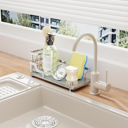 Consumest Sponge Holder for Kitchen Sink - Sink Caddy Organizer with Water Absorbing Stone Tray, Detachable Brush Holder, Stainless Steel Kitchen Counter Organizer Rack, Silver