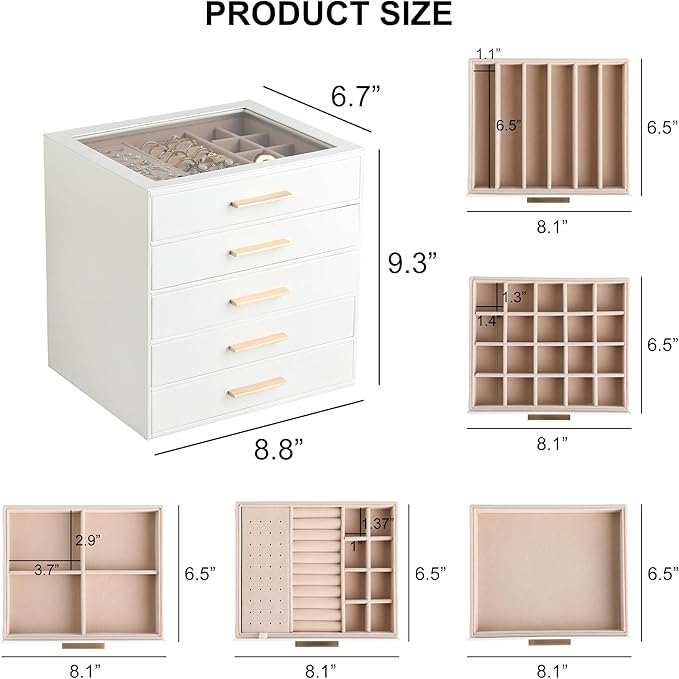 Frebeauty Clear Lid Jewelry Box,5-Layer Jewelry Organizer with Drawer,PU Leather Jewelry Organizers and Storage,Jewelry Boxes for Women,Jewelry Storage for Rings Earring Stud,Gift for Women(White)