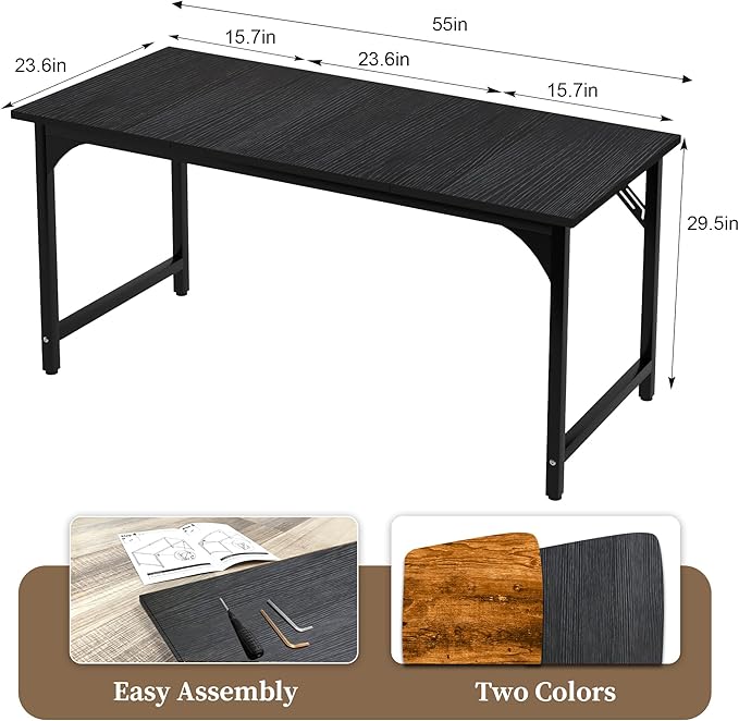 AZN Computer Desk, 55in Computer Desk, Office Desk w/Sturdy Metal Frame, Office Desk w/Water-Resistant, Scratchproof Surface, Home Office Desks w/Large Legroom for Work Study Writing Gaming, Black