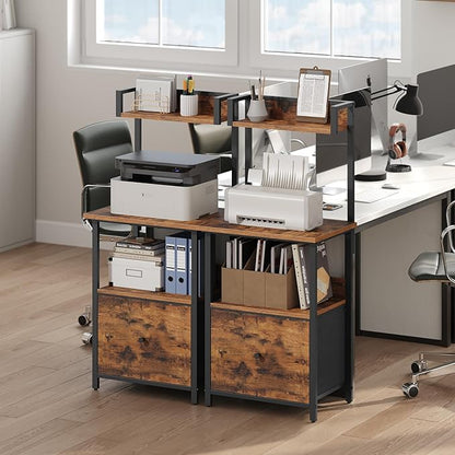 MAHANCRIS Printer Table with Storage, Home Printer Stand with File Cabinet, Fits A4/Letter Size Files, Printer Cabinet with Large Tabletop, Display Shelf, for Home Office, Rustic Brown PTHR3501