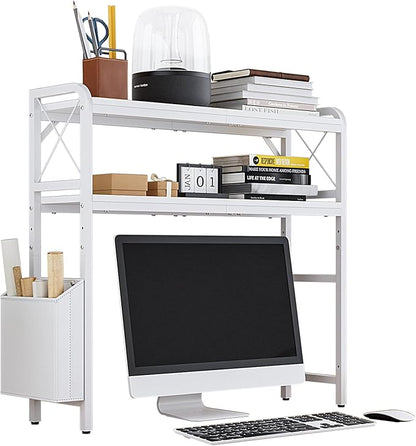 Desktop Shelves, Monitor Stand with Adjustable Shelves and Side Pockets, 2-Tier Desktop Bookshelf Organizer, Large Capacity Display Shelf Rack, Desk Hutch for Home Office, Study Room, White