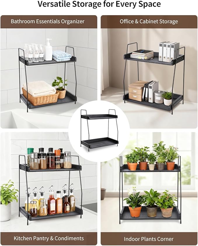Coffee Bar Organizer for Countertop, 2-Tier Coffee Station Organizer with Metal Frame & Wooden Shelves, Coffee Accessories Organizer Rack for Pods, Syrups, Cups & Tea Bags (Black)