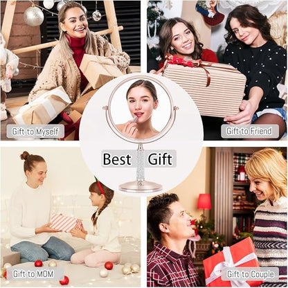 7"Rose Gold Glitter Diamond Rhinestone Makeup Mirror,360°Rotate Round Tabletop Vanity Mirror Double Sided 1X/10X HD Undistorted Magnifying Mirror,Portable Vanity Women Gift (No Lamp Rose Gold)
