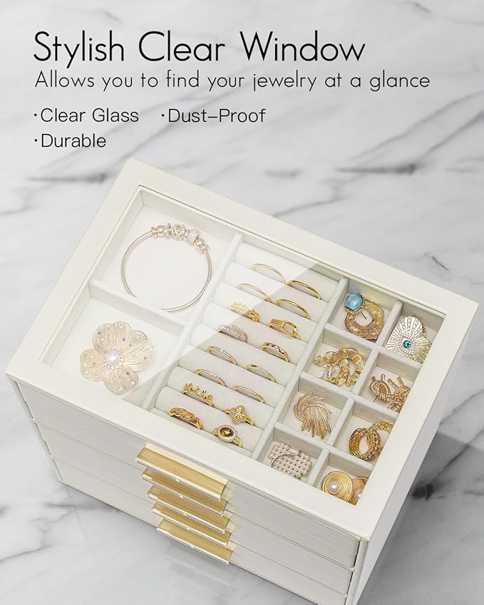Vlando 5 Layer Jewelry Box for Women, Glass Lid Jewelry Organizer with 5 Drawers for Necklaces Rings Earrings Bracelets - Cloud White