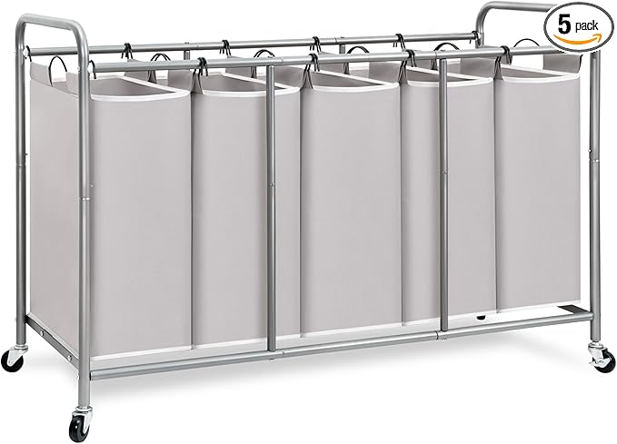 STORAGE MANIAC 5 Section Laundry Sorter, 5 Bins Rolling Separator Laundry Basket, Dirty Clothes Hamper Divider with Heavy Duty Rolling Lockable Wheels, Large Clothes Organizer Cart, Gray