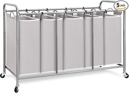 STORAGE MANIAC 5 Section Laundry Sorter, 5 Bins Rolling Separator Laundry Basket, Dirty Clothes Hamper Divider with Heavy Duty Rolling Lockable Wheels, Large Clothes Organizer Cart, Gray