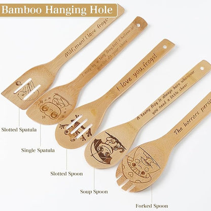 5PCS Frog Wooden Cooking Spoons Kitchen Decor Frog Gifts for Women Men Frog Lovers Birthday Gifts Party Favors Housewarming Wedding Bamboo Cooking Spoons for Everyday Use