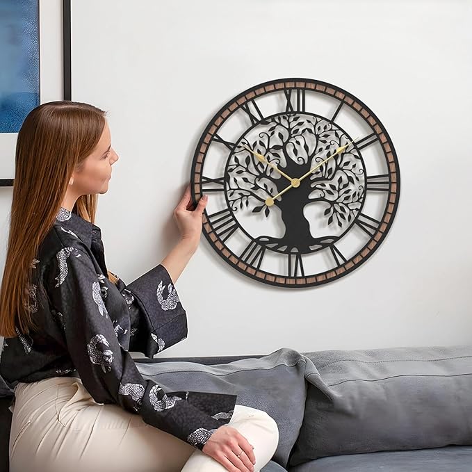 Micasso Non-Ticking Large Wall Clock: 18Inch Tree of Life Metal Black with Solid Wood Frame - Battery Operated Silent Clock for Living Room/Office/Bedroom/Kitchen - Home Decor for Professional Woman