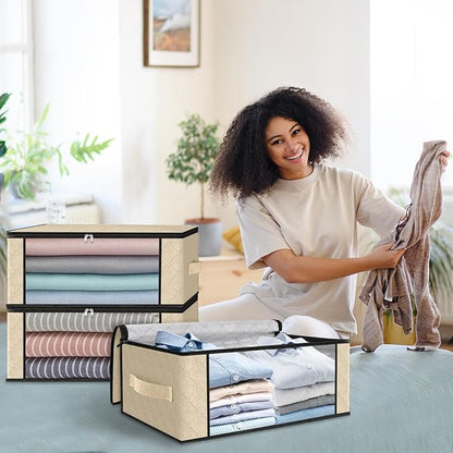 HomeHacks Storage 6-Pack Clothes Organizer Storage Bags Foldable Storage Box with Large Clear Window Sturdy Handles for Closet, Dorm, Pillows, Bedding, Clothes, Blankets, 35L, Beige
