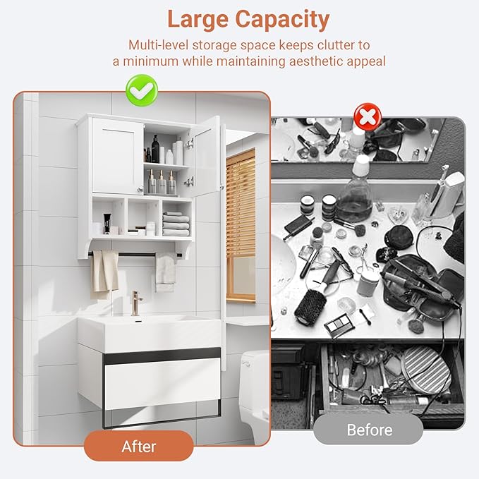 Over-The-Toilet Bathroom Storage Cabinet with Towel Bar, Space-Saving Wall Mounted Medicine Cabinet , 2 Doors & 1 Adjustable Shelf, Easy Install White Finish for Bathroom, Kitchen, Living Room