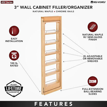 Rev-A-Shelf 3" W x 39" H Pull Out Quad Shelf Organizer for Wall & Base Kitchen Cabinets, Full Extension Filler Spice Rack, Adjustable, Wood, 432-WF39-3C