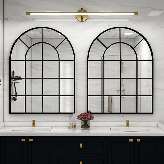 30"×40" Windowpane Arched Wall Mirror, Grid-Designed Decorative Farmehouse Wall Mounted Mirror with Metal Frame Hanging Leaning for Entryway, Living Room, Home Decor, Black